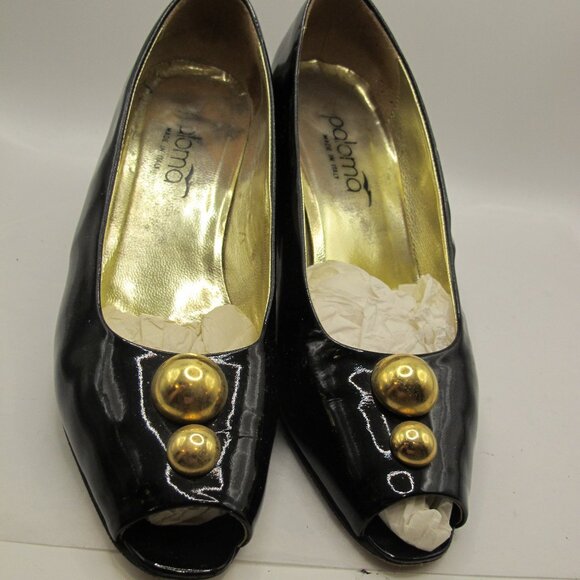 Paloma black patent leather peep-toe 2 inch heel with gold button accent 8.5AA - Picture 3 of 6